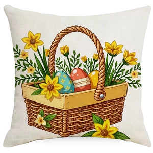 Linen Easter pillow cover with floral print and colorful eggs in a woven basket