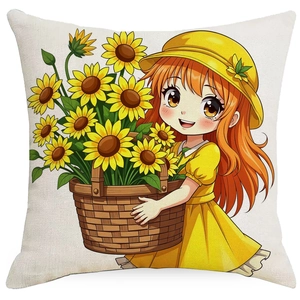 Linen pillow cover featuring a girl holding sunflowers in botanical illustration style