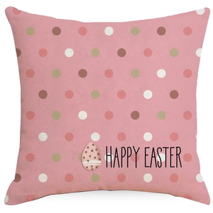 Housse de coussin de Pâques rose avec pois et texte Happy Easter sur fond blanc