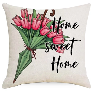 Floral print throw pillow cover with tulips and Home Sweet Home text for living room decor