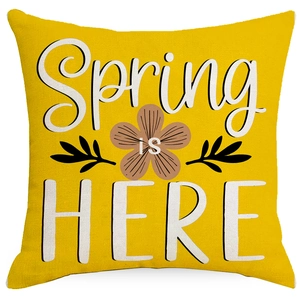 Spring is HERE yellow square linen pillow cover with floral print for home sofa decoration