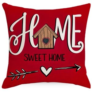 Red square cushion cover with Home Sweet Home floral birdhouse print for sofa decor