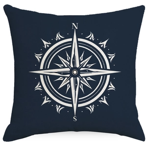 Navy blue nautical linen pillow cover with white compass pattern for home sofa decor
