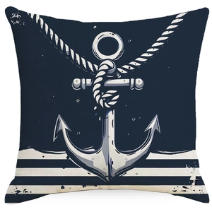 Navy blue anchor printed linen throw pillow cover with nautical ropes and stripes
