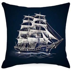 Linen square pillowcase featuring a white sailing ship print in navy blue nautical style
