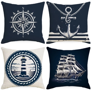Nautical Theme Linen Pillowcase Navy Blue Beige Compass Lighthouse Anchor Sailboat Print Cushion Cover Home Decor