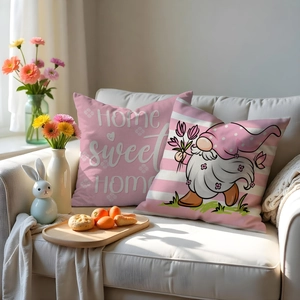 Detail of pink Easter pillow covers featuring Nordic gnome and Home Sweet Home print