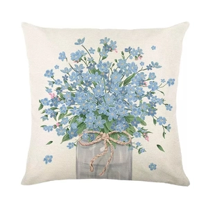 Linen pillowcase with blue floral forget-me-not prints and rustic vase design