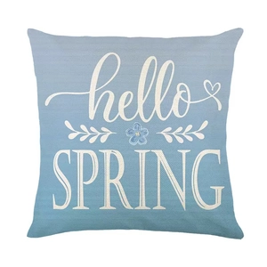 Blue floral linen throw pillow cover with hello SPRING text for sofa decor