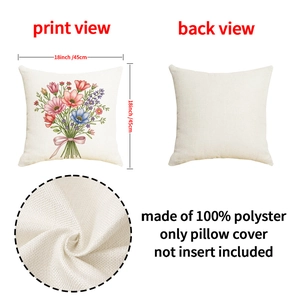 Detail of pink floral linen pillowcase showing front print, back view, and 18x18 fabric texture