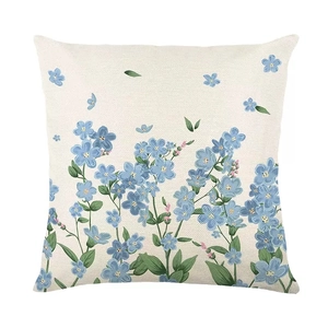 Blue floral linen throw pillow cover with spring botanical print for sofa decoration