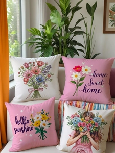 Detailed texture of pink floral linen pillow covers with home sweet home print