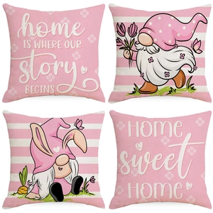 Easter Gnome Decorative Pillow Cover Pink Striped Linen Cushion Case For Sofa Home Sweet Home Print Decor Women Gift No Insert