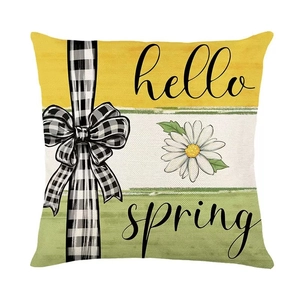 Spring theme floral linen pillow cover with yellow green blocks and daisy hello spring text