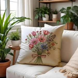 Close-up of pink floral linen pillowcase on sofa with blurred indoor plant background
