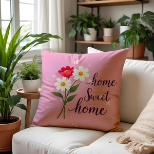 Detailed texture of pink floral linen pillowcase with Home Sweet Home text on sofa