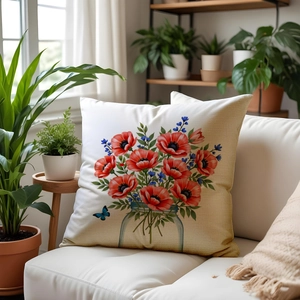 Detail of floral print pillow with poppy and butterfly on a white textured sofa