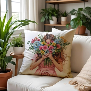 Detailed view of linen cushion cover featuring romantic floral lady art on a sofa