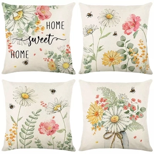Federa per Cuscino in Lino Stile Nordico Stampa Floreale Primavera Margherita Ape Federa Quadrata per Divano Soggiorno Decor