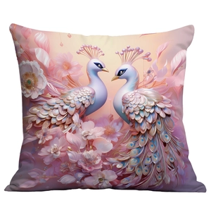 Detailed view of luxury peacock cushion cover with floral embroidery and digital art patterns