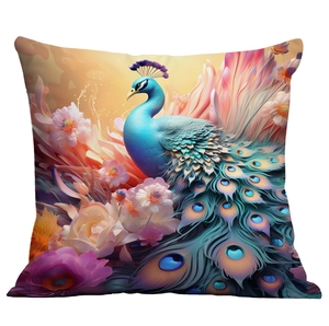 Detailed macro view of vibrant blue peacock print and pink floral motifs on cushion cover