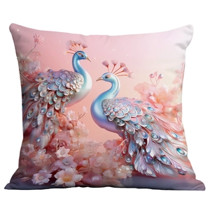 Detailed view of square peacock pillowcase with vibrant feather prints and floral accents