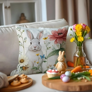 Fodera per cuscino pasquale con coniglio e fiori in un ambiente domestico accogliente