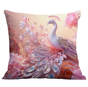 Close-up of pink peacock cushion cover with intricate feather details and floral motifs