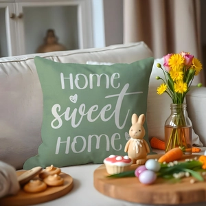 Federa pasquale verde salvia con scritta bianca Home Sweet Home e decoro di coniglio