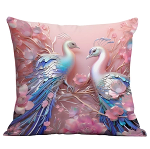 Detailed macro of a luxurious peacock cushion cover with floral embroidery patterns