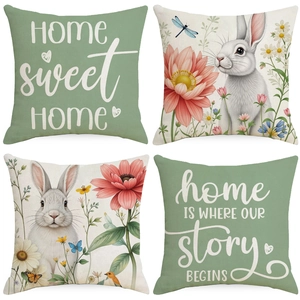 Federa per Cuscino in Lino con Fiori e Coniglietto di Pasqua Quadrata con Stampa di Lettere Decorativa per Divano Casa