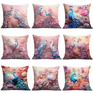 Modern Luxury Peacock Floral Print Cushion Cover 3D Decorative Short Plush Square Pillowcase For Sofa Living Room Decor