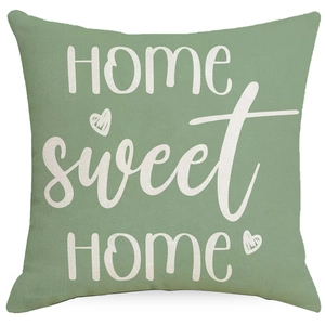 Fodera per cuscino verde salvia con scritta Home Sweet Home bianca e piccoli cuori