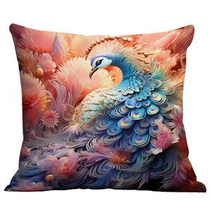 Luxury decorative pillow cover featuring 3D peacock and floral print in royal blue and gold