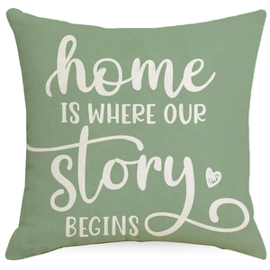 Fodera per cuscino verde salvia con scritta Home Is Where Our Story Begins