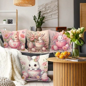 Set of four Easter cushion covers with cartoon bunnies and pink floral digital prints