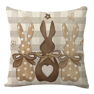 Easter cushion cover with cute rabbits on a beige gingham check textured fabric