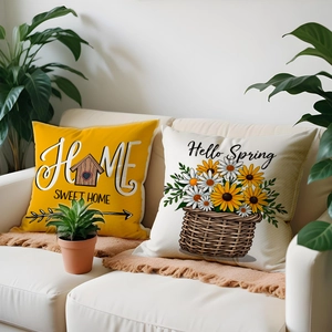 Cozy home decor set with sunflower cushions and Hello Spring lettering on sofa