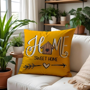 Detail of yellow cotton linen cushion cover with Home Sweet Home text on white sofa