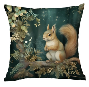 Detail of forest night pillow cover with high-quality squirrel and berry art print