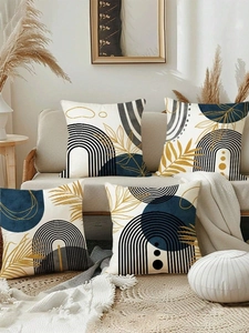 Detailed texture of modern geometric linen pillow covers set of 4 on a sofa