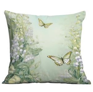 Vue détaillée de la taie d'oreiller en peluche douce avec imprimé muguet et papillons