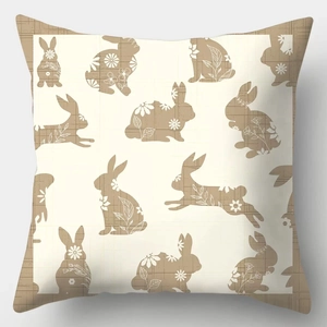 Easter bunny linen throw pillow cover with brown rabbit pattern for sofa decor