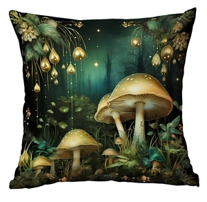 Detailed view of forest fantasy cushion cover featuring glowing mushrooms and golden accents