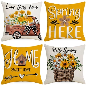 Sunflower Spring Decorative Pillow Covers Linen Cotton Blend Rustic Truck Floral Cushion Case For Home Sofa Easter Decor