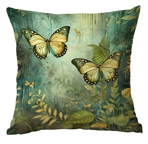 Close-up of vintage forest butterfly and botanical print on a square cushion cover