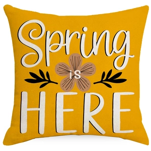 Square yellow spring pillow cover with Spring IS HERE quote and flower pattern design