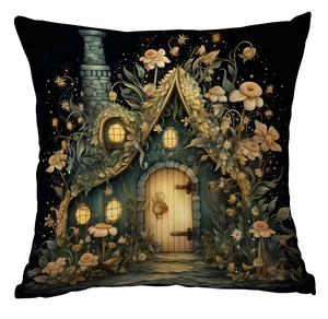 Detail view of fantasy cottage garden print on black square cushion cover