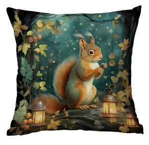 Detailed high-quality print of a red squirrel and glowing lanterns on a forest pillow cover