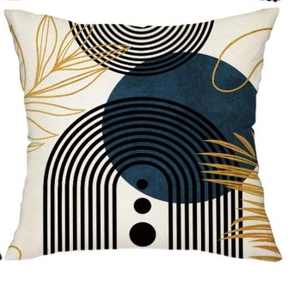 Modern abstract pillow cover with blue circles and gold palm leaves on linen texture